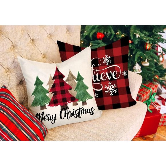 18''x18'' 4 Red Black Farmhouse Emotion Buffalo Check Christmas Pillow Covers - Picture 3 of 10